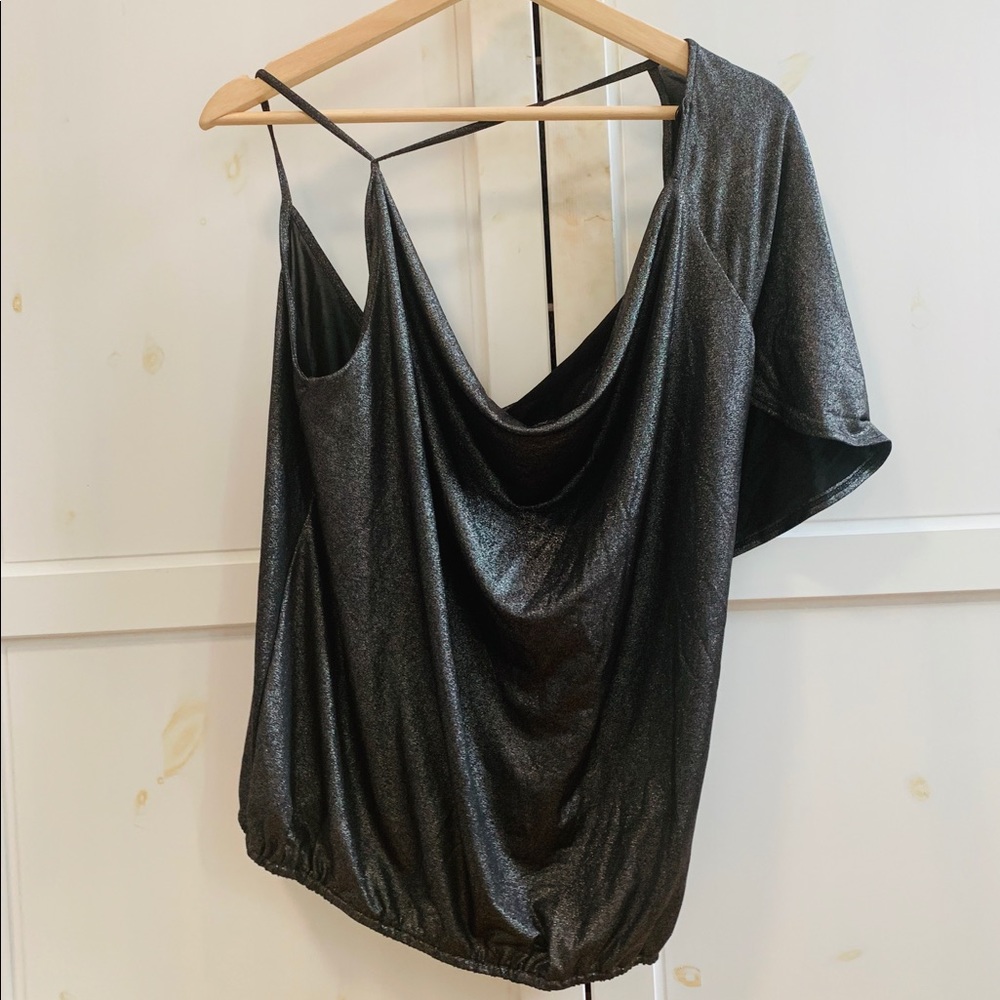 NWT BEBE gun metallic asymmetrical drape back top